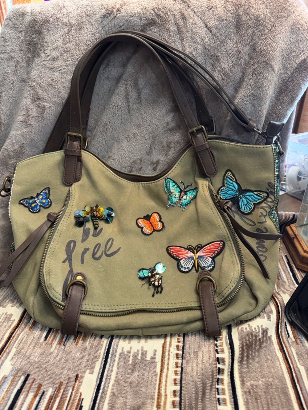 Desigual Olive Green Butterfly Embellished Shoulder Bag